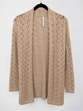 Leo & Nicole Women’s Large Beige Open Knit Cardigan Longline Crochet Sweater